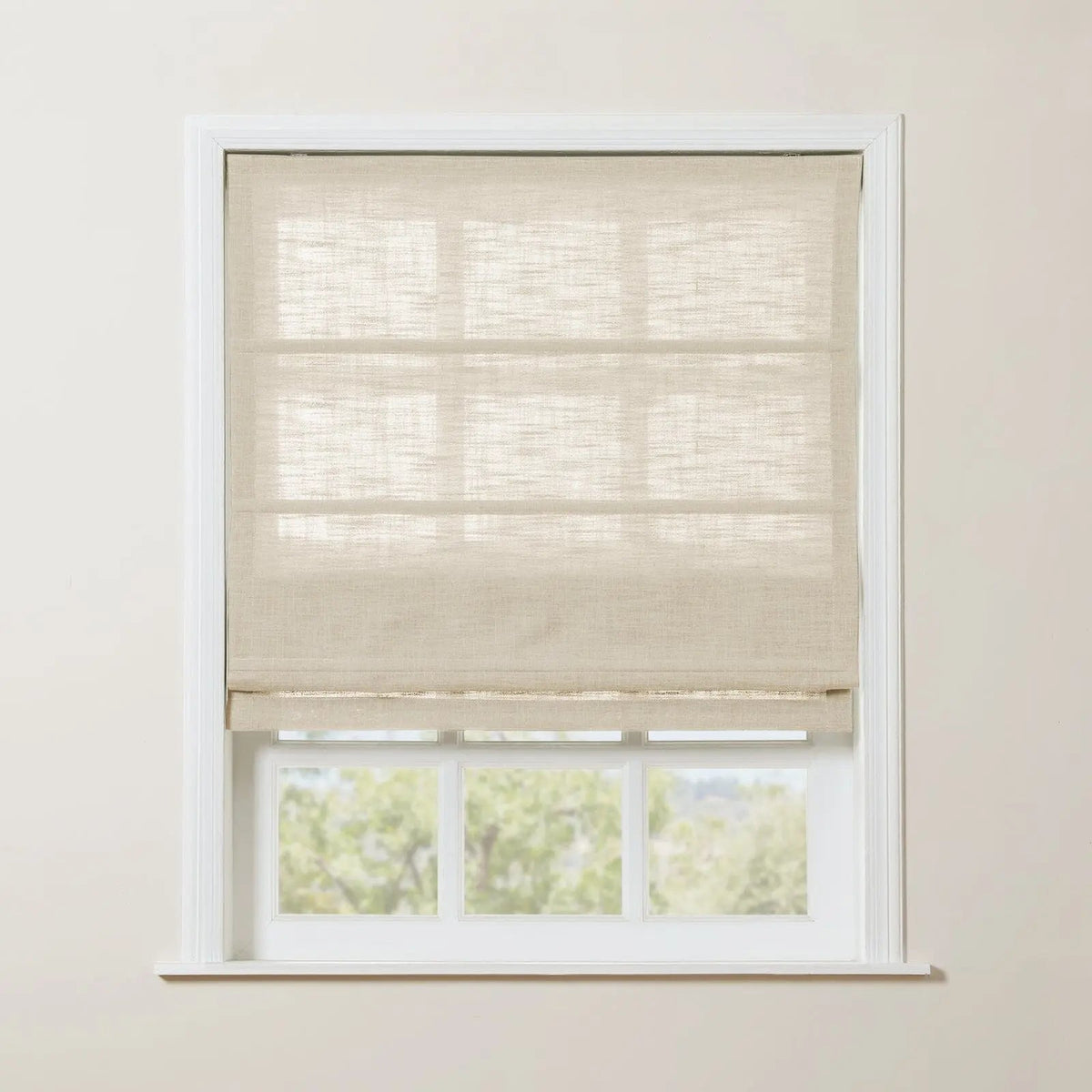 Liz Linen Roman Blind in Wooden Headrail Cordless