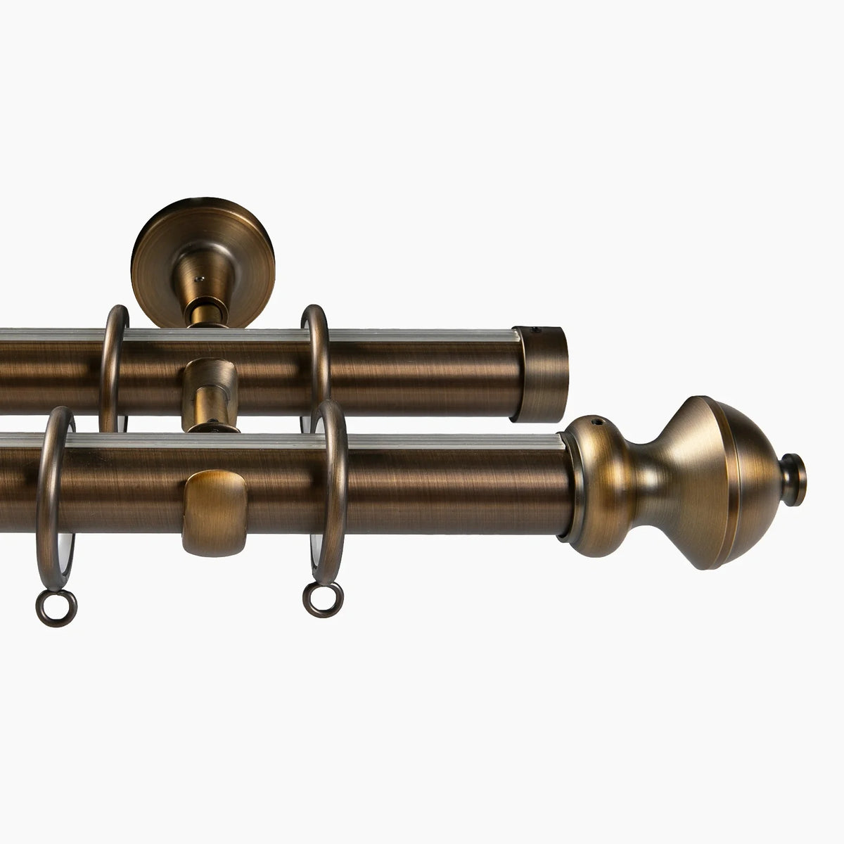 Antique bronze double curtain rod set with decorative finial and clear inner tracks for layering window treatments