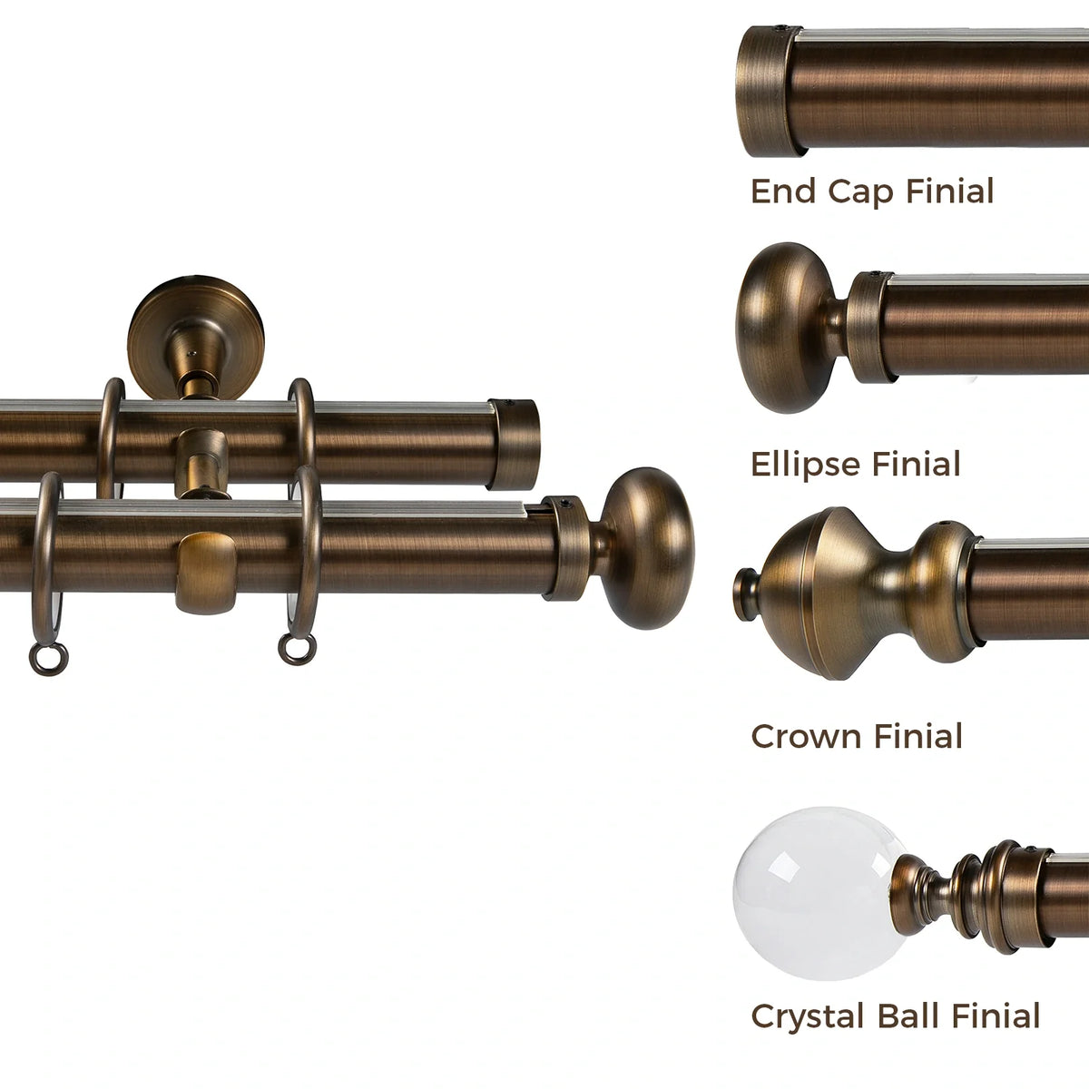 Product photography of antique bronze finish curtain rod components including double rods with rings and a selection of finials like the End Cap Ellipse Crown and Crystal Ball