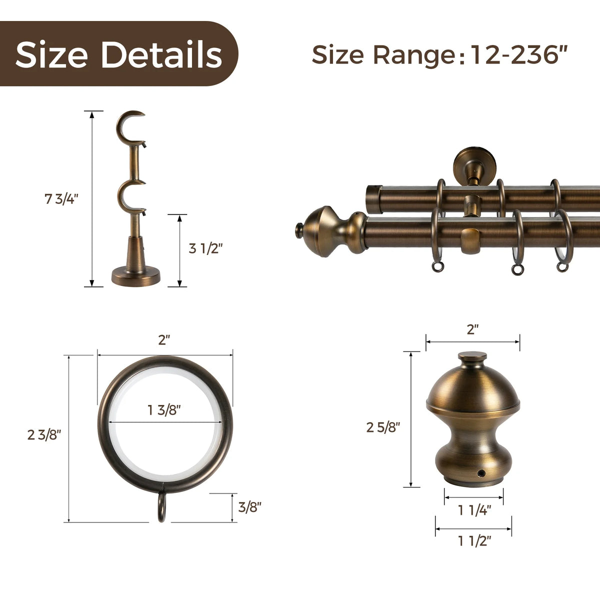 Product photograph of antique bronze double curtain rod hardware displaying detailed dimensions for individual components including a 7 3/4 inch bracket, 2 5/8 inch ornate finial, and 2 3/8 inch rings, with a size range of 12 to 236 inches