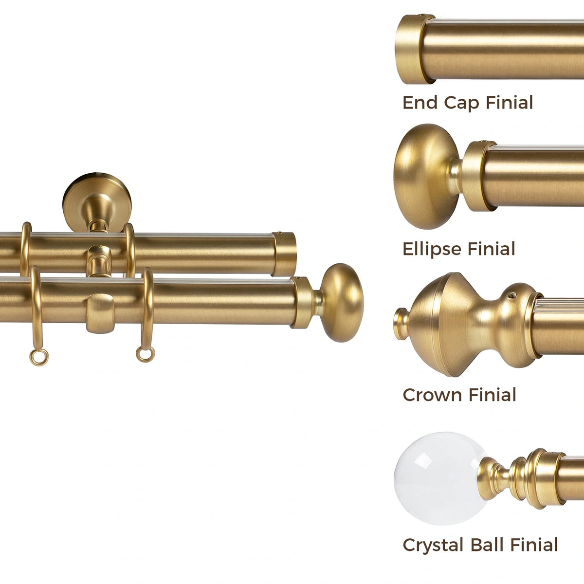 Product photography of brushed brass curtain rods in a double rod configuration alongside various finial options including End Cap, Ellipse, Crown, and Crystal Ball designs