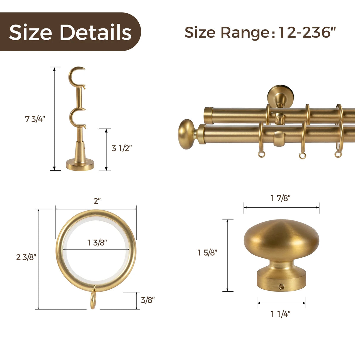 Digital product graphic detailing dimensions for gold-finished curtain hardware, featuring a double rod with clear acrylic, a 7 3/4 inch wall bracket, and a 2 inch curtain ring with a 1 7/8 inch finial