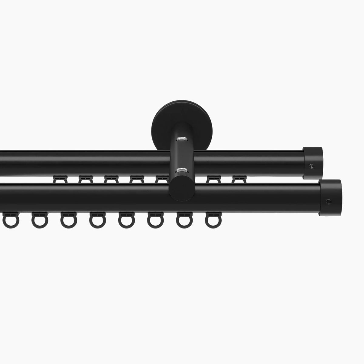 Matte black double curtain rod with integrated sliding rings and a sleek central bracket isolated on a white background