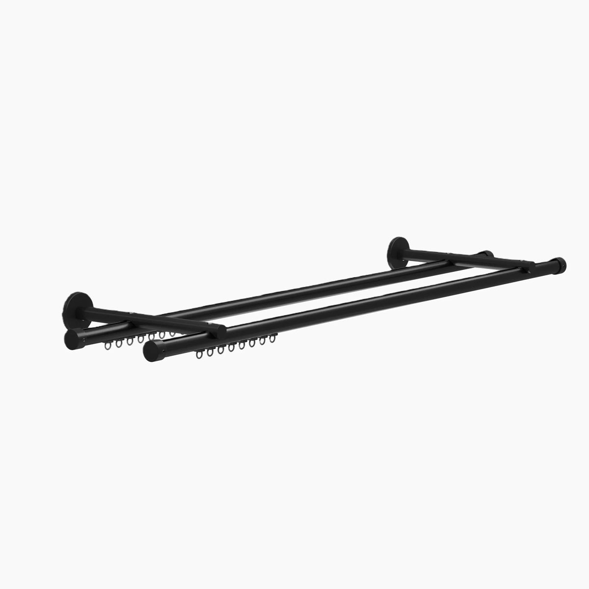 Matte black double curtain rod system with integrated gliders presented as a product shot on a white background
