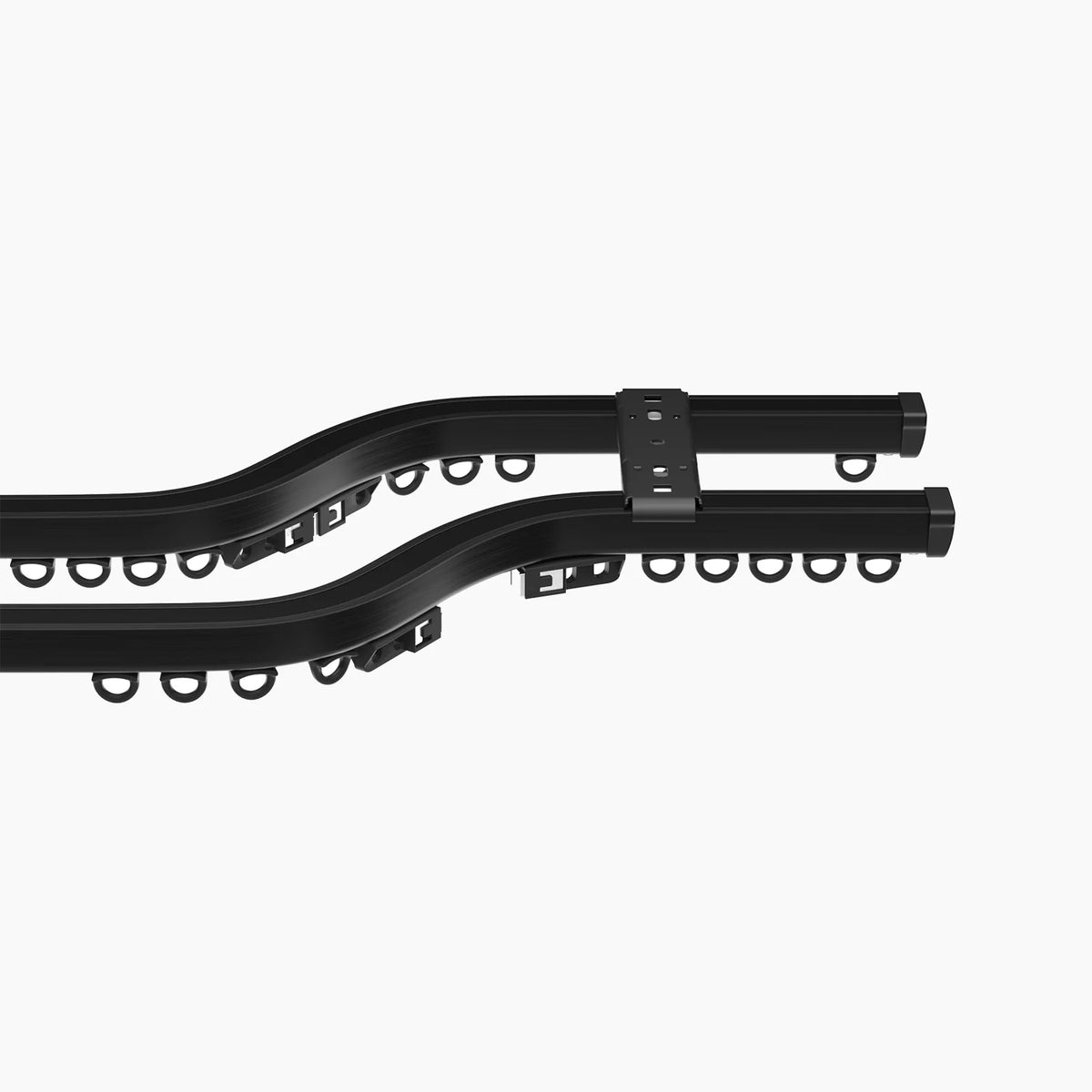 3D render of a pair of matte black curved double curtain tracks featuring numerous D-shaped runners and a central connecting bracket
