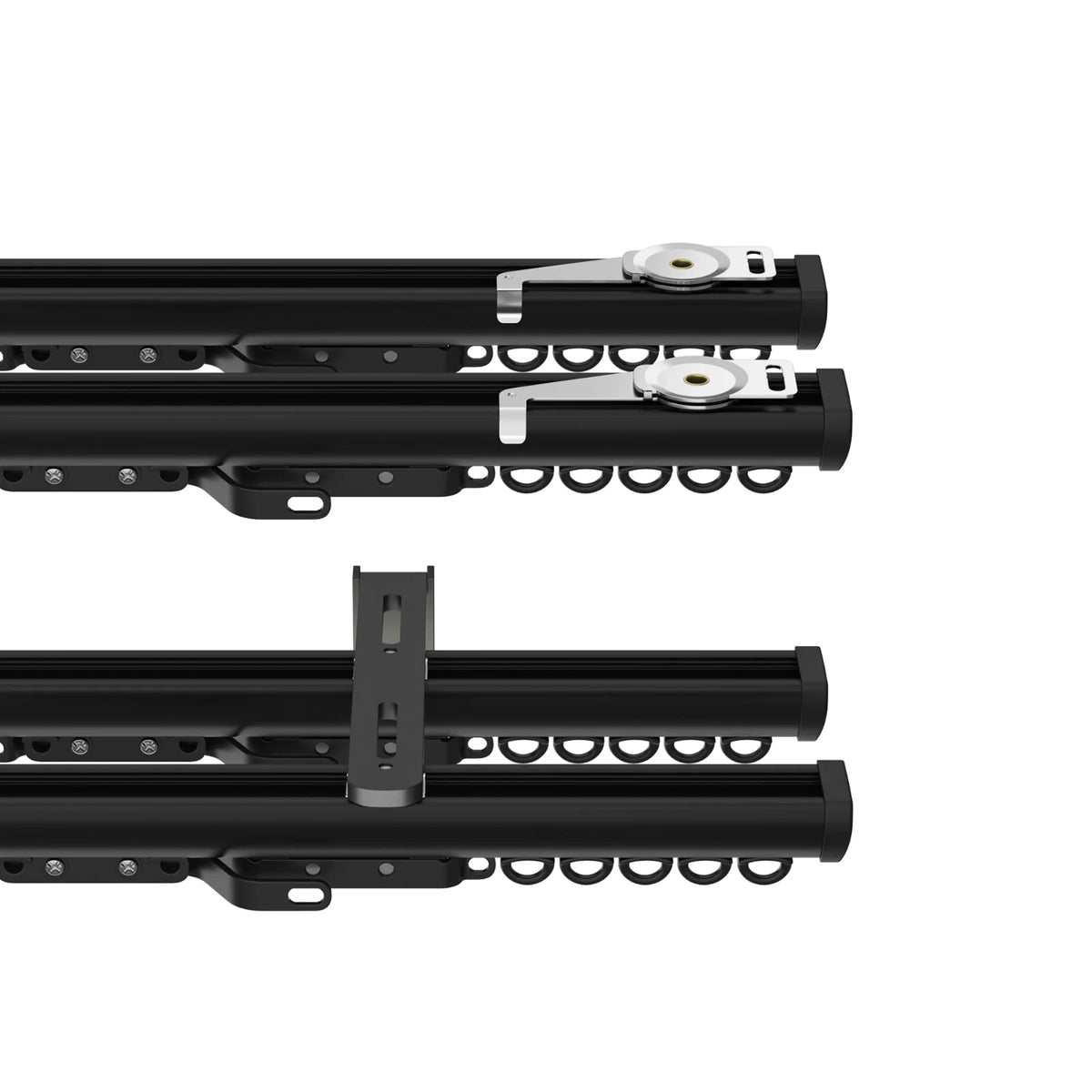 Product photo of two parallel black aluminum curtain tracks featuring silver gliders, black curtain rings, and a vertical mounting bracket against a white studio background