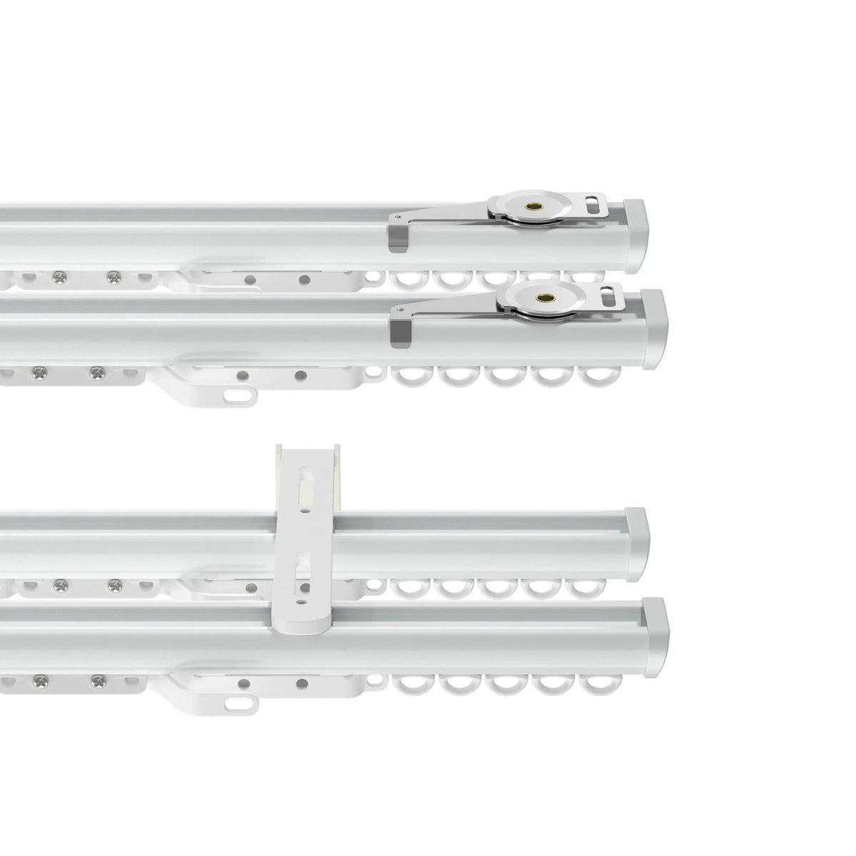 White dual curtain tracks with a ceiling mount bracket and a control mechanism featuring a silver lever and gold accent, displaying individual white gliders