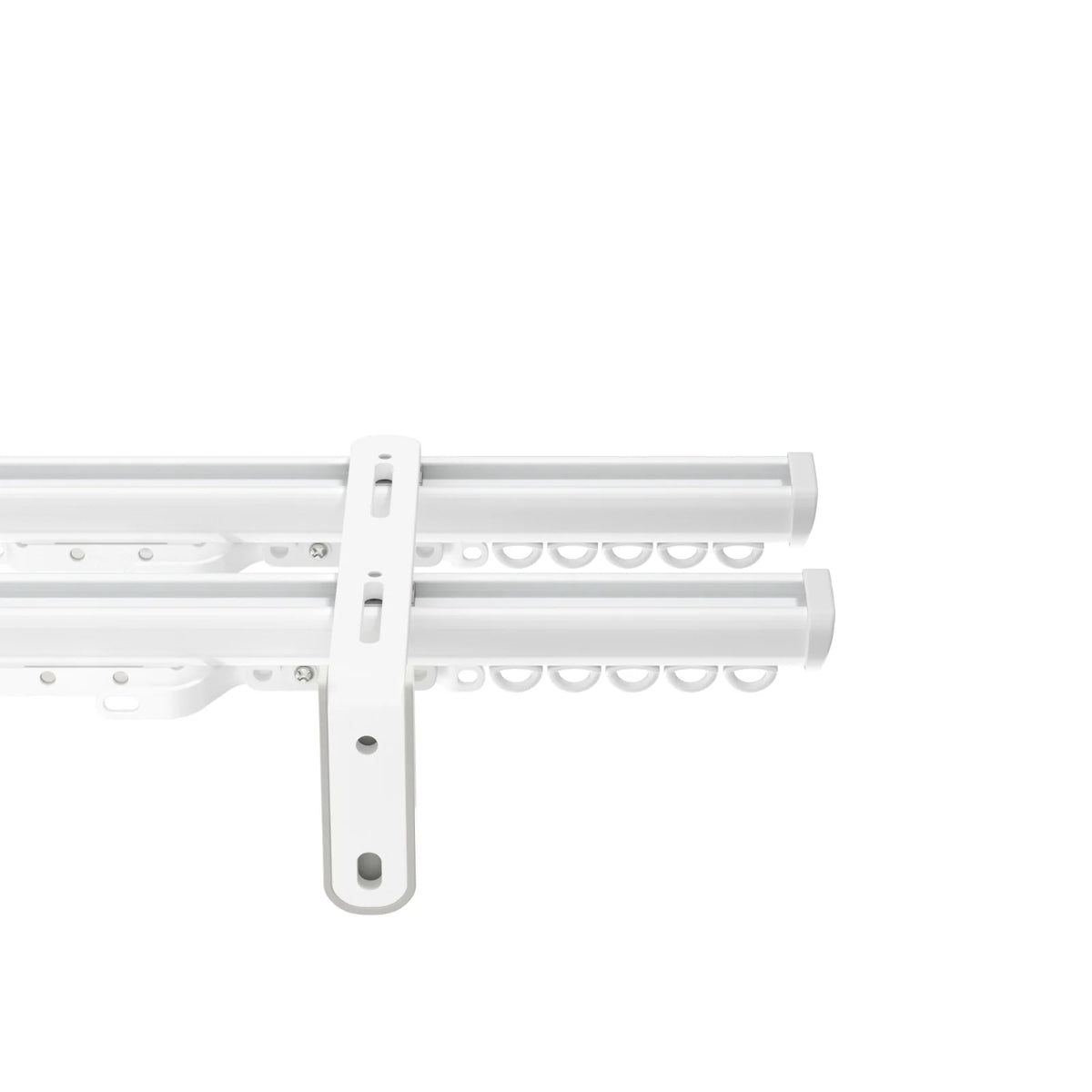 A white double curtain track system featuring parallel rails, D-shaped gliders, and a visible vertical mounting bracket presented on a clean white background