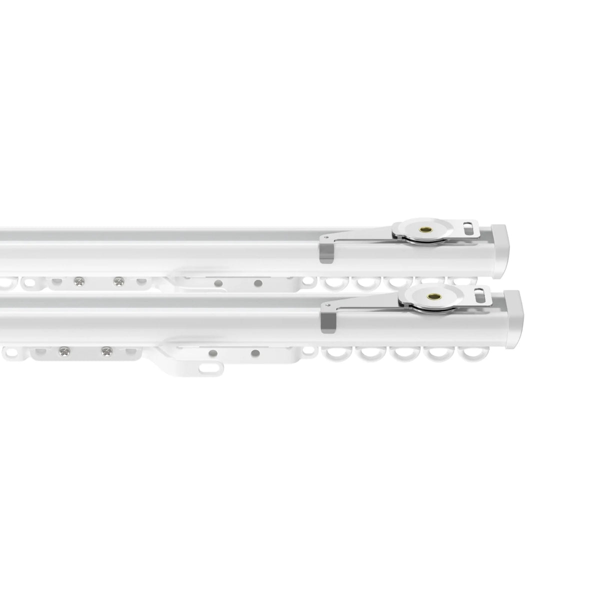 White metal dual curtain tracks featuring gold adjustment screws and integrated gliders