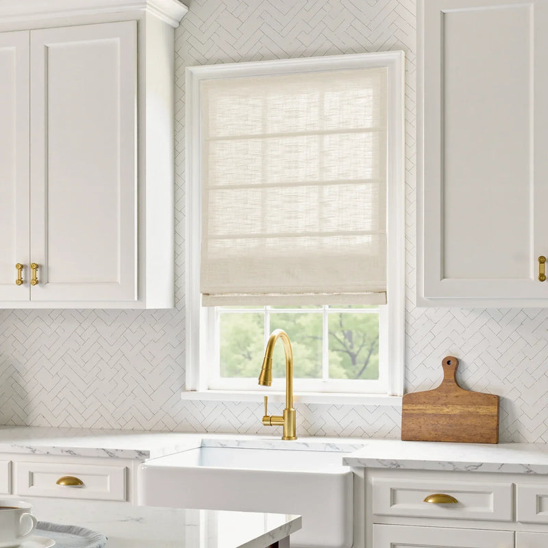 Liz Linen Roman Blind in Wooden Headrail Cordless