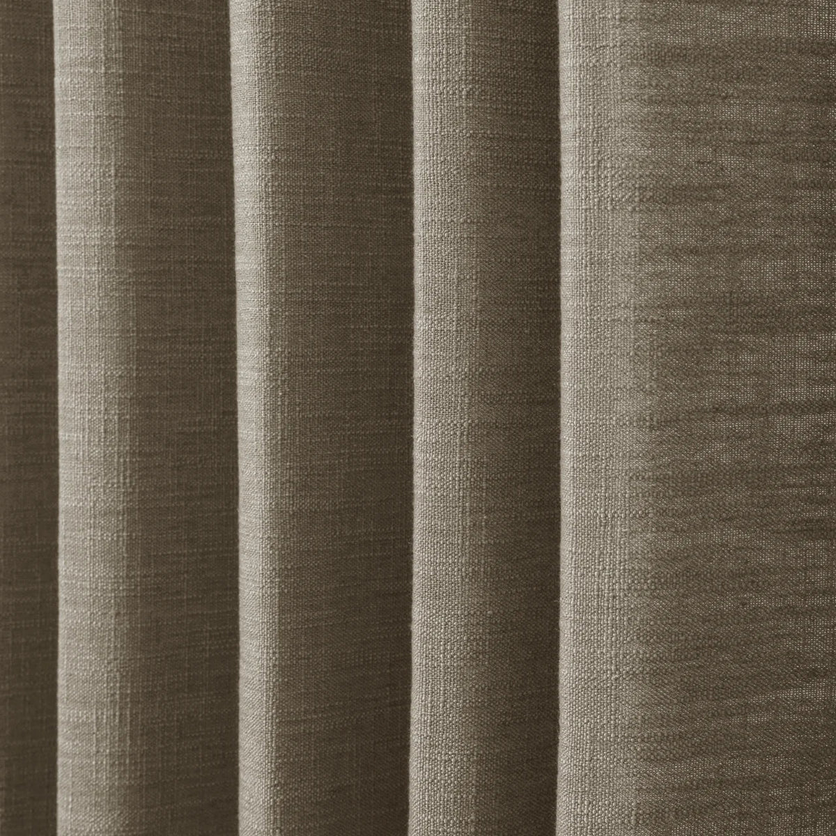 Oak Dim Gray Liz Linen Pleated Curtains dense linen weave shown in deep vertical folds