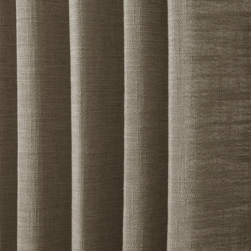 Oak Dim Gray Liz Linen Pleated Curtains dense linen weave shown in deep vertical folds