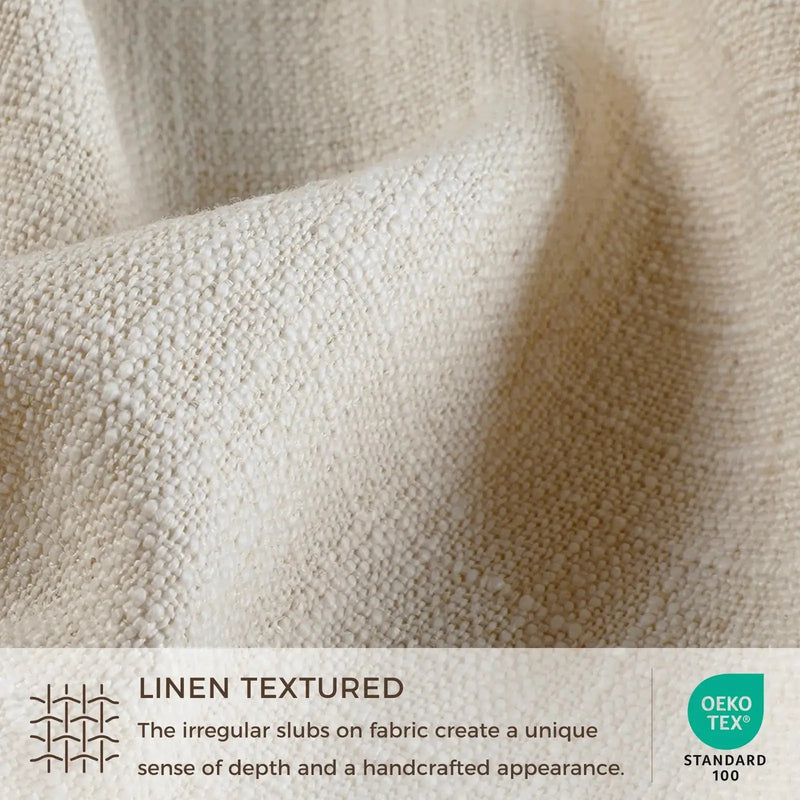 Close-up of linen textured fabric with OEKO-TEX Standard 100 logo.