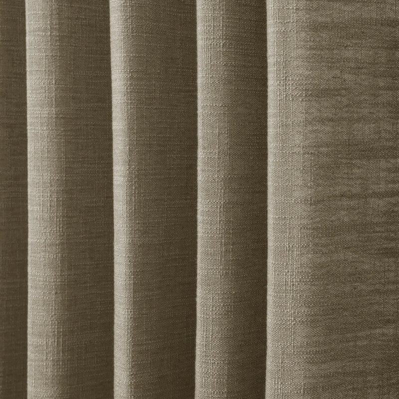 Taupe Grey Liz Linen Pleated Curtains dense linen weave shown in deep vertical folds