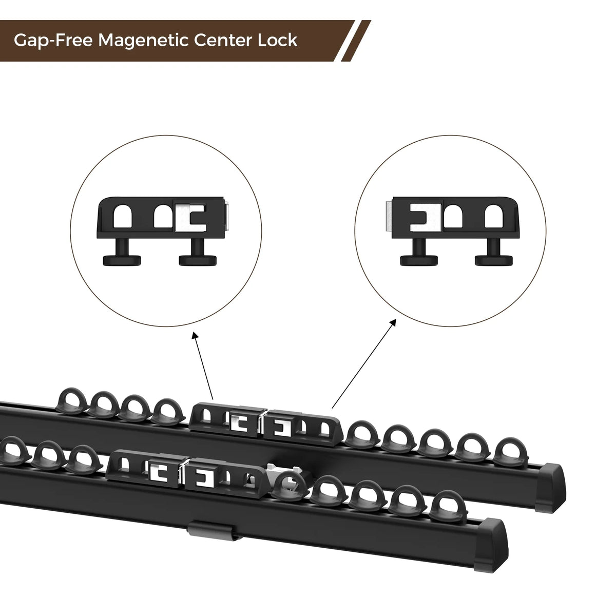 A product image displaying black curtain tracks with multiple semi-circular hangers and a highlighted gap-free magnetic center lock mechanism, featuring magnified insets showing the white interior parts of the lock