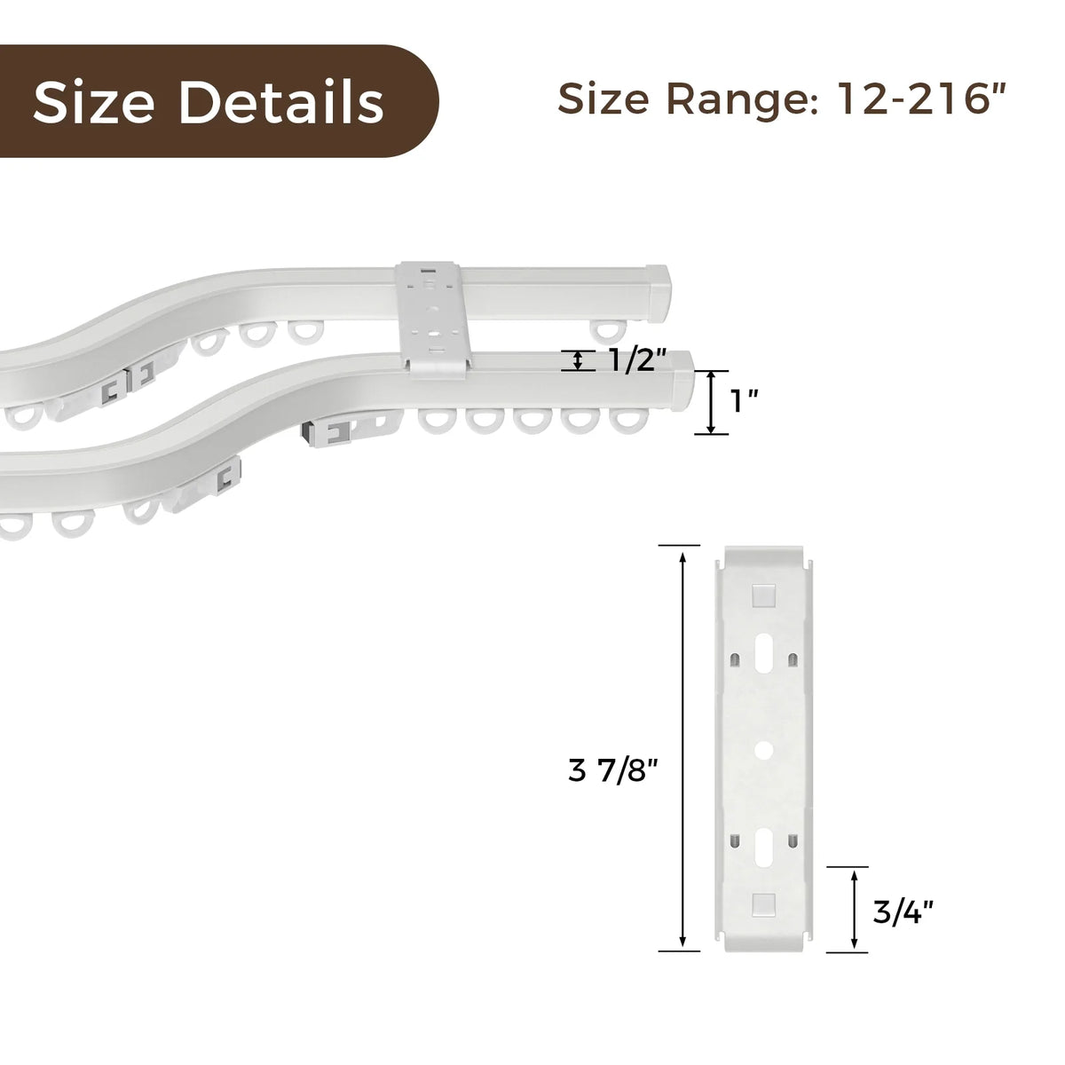 Diagram of white flexible curtain tracks illustrating detailed dimensions including 1/2 inch width 1 inch height and a 3 7/8 by 3/4 inch mounting bracket along with a specified size range of 12-216 inches