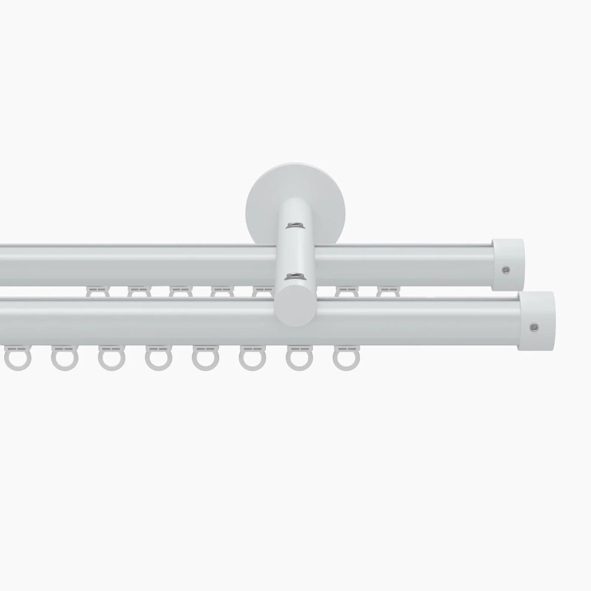 White double curtain rod system with integrated curtain rings on a bright white background