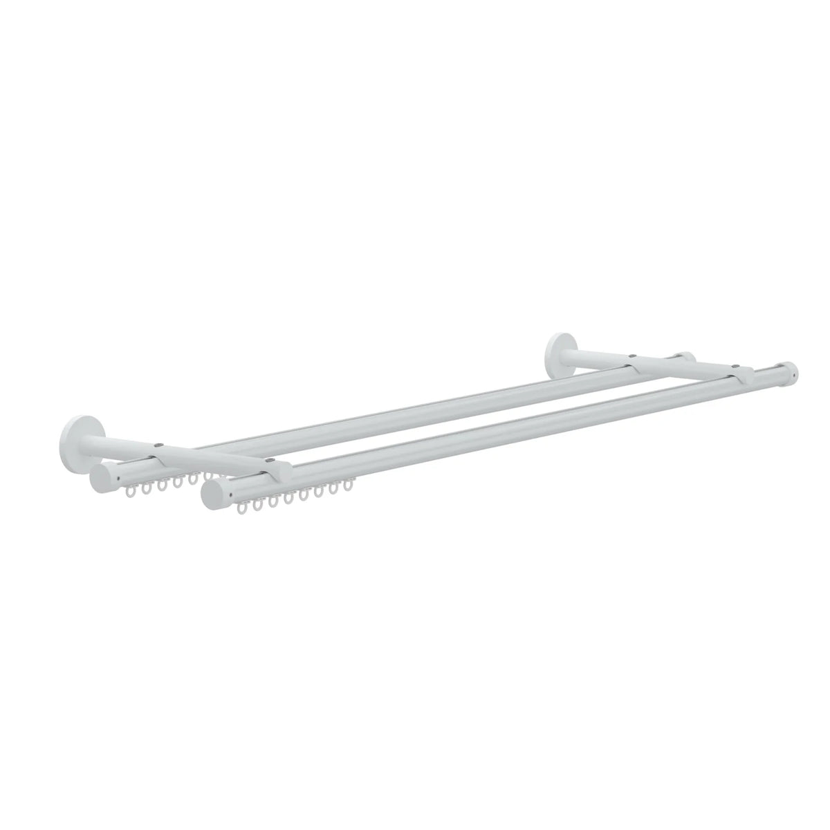 3D render of a white double curtain rod featuring two parallel tracks with integrated curtain gliders and circular wall brackets