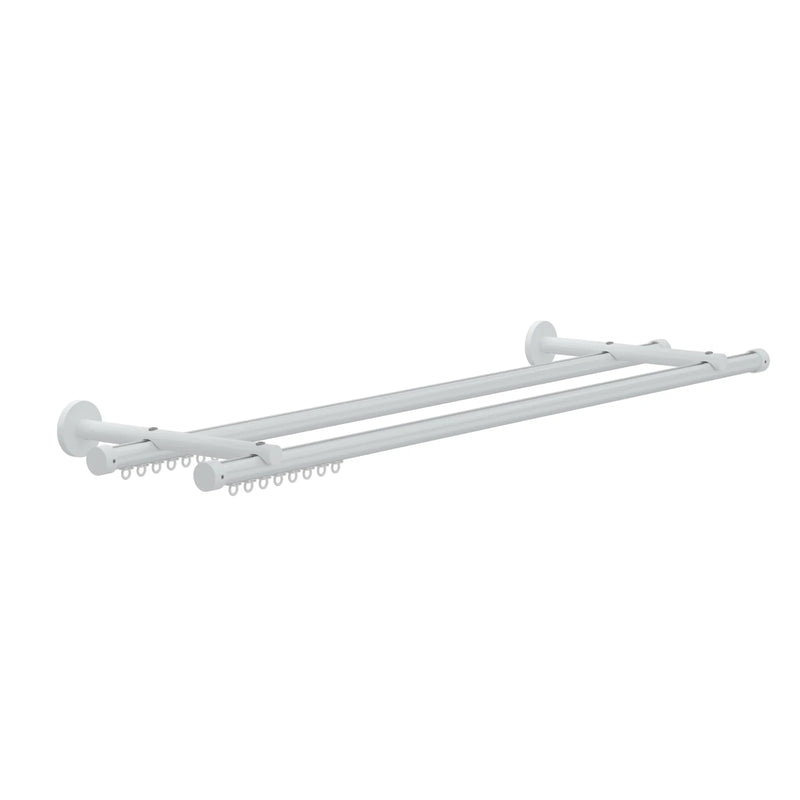 3D render of a white double curtain rod featuring two parallel tracks with integrated curtain gliders and circular wall brackets