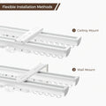 Digital illustration of flexible curtain track installation methods showing a white ceiling mount track with silver swivel brackets and a white wall mount track with a flat bracket