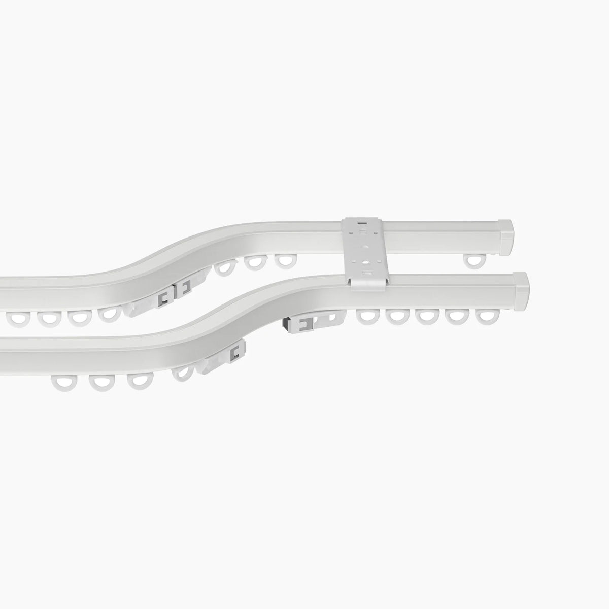 Render of a white double curtain track system featuring graceful curves numerous integrated runners and a sturdy central mounting bracket