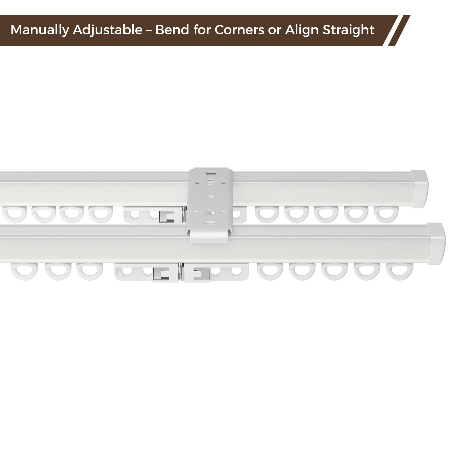 Product photograph of a white manually adjustable curtain track designed to bend for corners or align straight featuring multiple gliders and a central ceiling bracket
